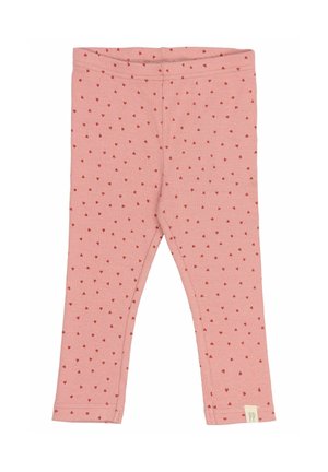 Roza legice iz rebraste tkanine, ki vsebujejo vzorec majhnih rdečih srčkov. Oblikovanje vključuje udoben pas in šivane robove.