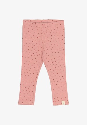 Leggings rosa realizzati in tessuto a costine, con un motivo di piccoli cuori rossi. Il design include una vita comoda e orli cuciti.