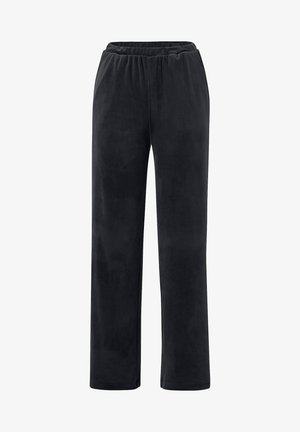 Sorte, bløde velourbukser med en bred elastisk livkant, der har en lige ben-design uden synlige lommer eller hardware-detaljer.