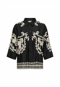 Chemise noire à boutons avec un motif floral crème, manches courtes et ourlet droit, fabriquée dans un tissu lisse et léger.