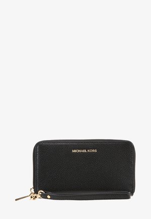 Black leather wallet with a textured finish, featuring a gold logo, zip closure, and wrist strap. Compact rectangular shape.
