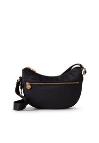 Borsa a tracolla nera con superficie strutturata, forma curva e zip dorata. Presenta una tasca frontale e una tracolla regolabile.