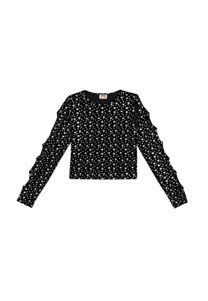 Maglione nero a maniche lunghe con motivo di stelle argentate, colletto a coste e dettagli a strati e volant sulle maniche. Realizzato in tessuto morbido.