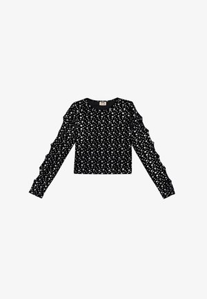 Schwarzer Langarmpullover mit silbernem Sternenmuster, geripptem Ausschnitt und geschichteten, rüschengem Details an den Ärmeln. Hergestellt aus weichem Material.