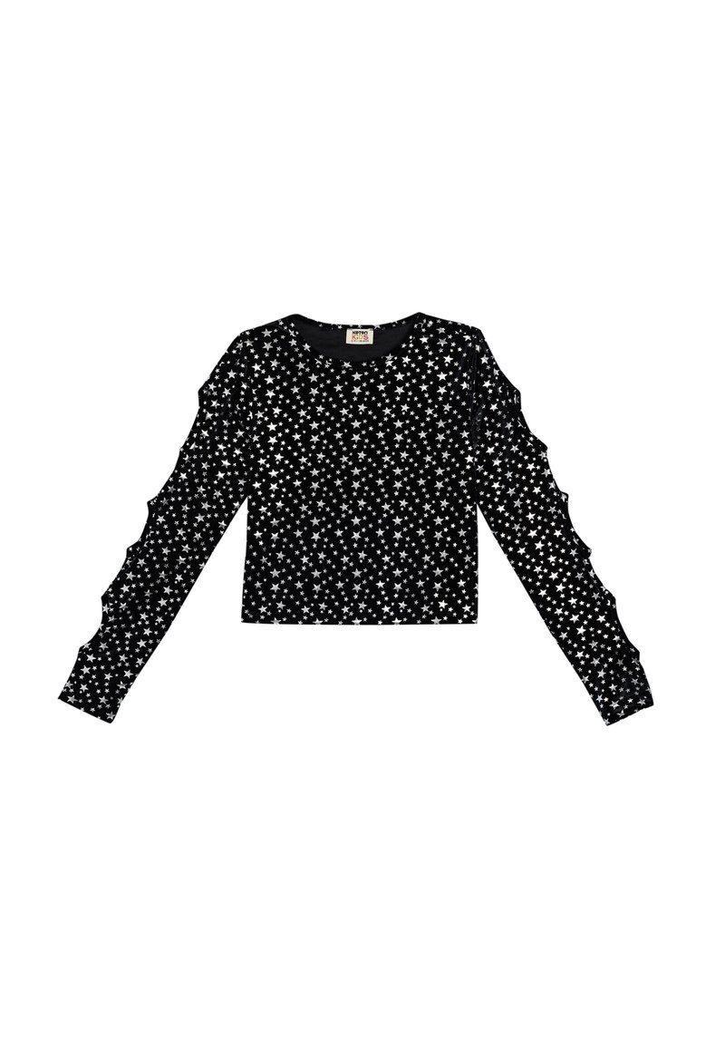 Maglione nero a maniche lunghe con motivo di stelle argentate, colletto a coste e dettagli a strati e volant sulle maniche. Realizzato in tessuto morbido.