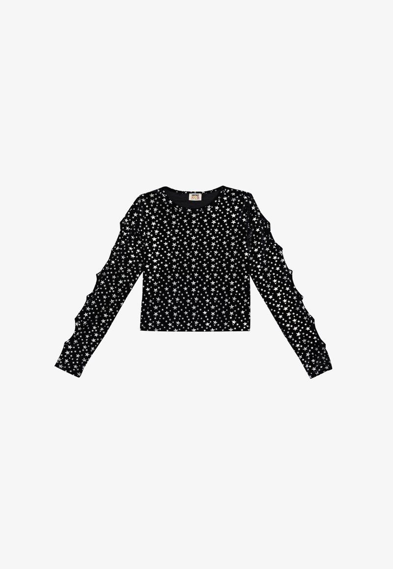 Maglione nero a maniche lunghe con motivo di stelle argentate, colletto a coste e dettagli a strati e volant sulle maniche. Realizzato in tessuto morbido.