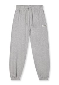 Grå sweatpants lavet af blødt stof, med elastisk talje og snor, afsluttede ankler og et lille logo-patch.