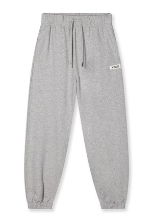 Grijze sweats broek van zacht materiaal, voorzien van een elastische tailleband met een trekkoord, gebundelde enkels en een klein logo-patch.