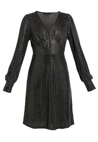 Černé šaty s dlouhým rukávem a výstřihem do V, se třpytivým povrchem pokrytým flitry a nařasením na poprsí. Hladká textura.