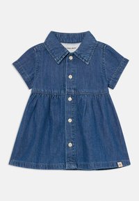 Traper haljina s ovratnikom, kratkim rukavima, zakopčavanjem na gumbe sprijeda i lepršavom suknjom s naboranim strukom, u tamnoplavoj boji.