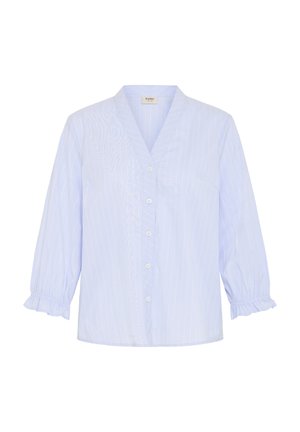 Hellblaue Damenbluse mit dezenten vertikalen Streifen, V-Ausschnitt, vorderen Knöpfen und 3/4-Ärmeln mit Rüschensaum.