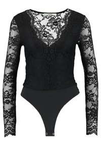 Bodysuit noir avec de longues manches en dentelle, présentant des motifs floraux, un décolleté en V profond et un bas noir lisse et extensible avec fermeture à pression.