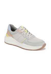 Lichtgrijze sneaker met pastelaccenten in roze, geel en blauw. Beschikt over een gladde textielen bovenkant, veters en een gestructureerde rubberen zool.