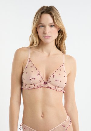 Büstenhalter aus weichem rosafarbenem Mesh mit zarter violetter Stickerei und gewellten Kanten. Verfügt über Spitzenbesatz und verstellbare Träger. Ohne Polsterung.