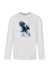 Valge pika varrukaga T-särk, millel on sinine ja must korvid ja stiliseeritud fondiga "R" ning "RAVENCLAW" tekst all.