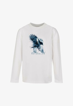 Valge pika varrukaga T-särk, millel on sinine ja must korvid ja stiliseeritud fondiga "R" ning "RAVENCLAW" tekst all.