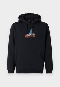 Crna majica s kapuljačom koja ima prednji džep, podesivu vezicu i višebojni grafički print s natpisom "SANTA CRUZ".