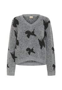 Maglione grigio a maglia con scollatura a V, caratterizzato da un design cropped e motivi di farfalle nere su tutta la stoffa. Texture morbida, maniche lunghe.