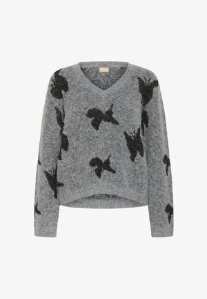 Maglione grigio a maglia con scollatura a V, caratterizzato da un design cropped e motivi di farfalle nere su tutta la stoffa. Texture morbida, maniche lunghe.