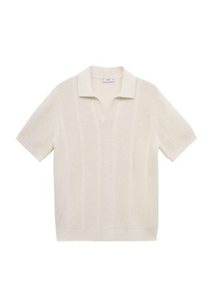 Cream-colored short-sleeved polo shirt with a textured design, featuring vertical stripes and a classic collar. Knitted fabric texture.