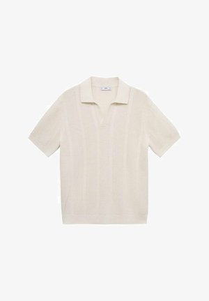 Cream-colored short-sleeved polo shirt with a textured design, featuring vertical stripes and a classic collar. Knitted fabric texture.
