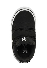 Black children's sneaker with white sole, two Velcro straps, and white logo on tongue and insole, viewed from above.