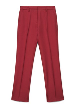 Pantalon droit rouge avec passants de ceinture et poches latérales, en tissu lisse, présenté à plat sur fond blanc.