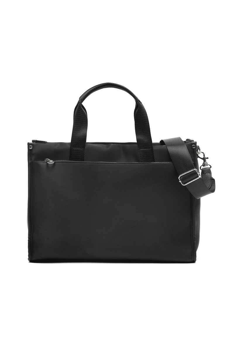 Must ristkülikukujuline kandekott kaheksast kandeshargist, esikülje tõmblukuga tasku ja reguleeritav õlarihm metallkinnitusega.