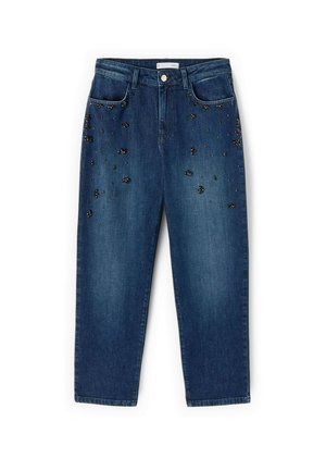 Donkerblauwe spijkerbroek met rechte pasvorm, versierd met verspreide zwarte kraalversieringen. Klassiek vijf-pocket ontwerp en metalen knoopsluiting.