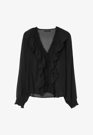 Schwarze Bluse mit langen Ärmeln, tiefem V-Ausschnitt, gerafftem Vorderteil und elastischen Manschetten. Hergestellt aus leichtem, transparentem Stoff.