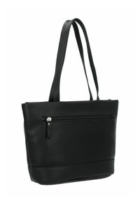 Borsa a tracolla nera in pelle con superficie texture, due manici lunghi e una tasca frontale con zip per riporre oggetti. Forma rettangolare, design minimalista.