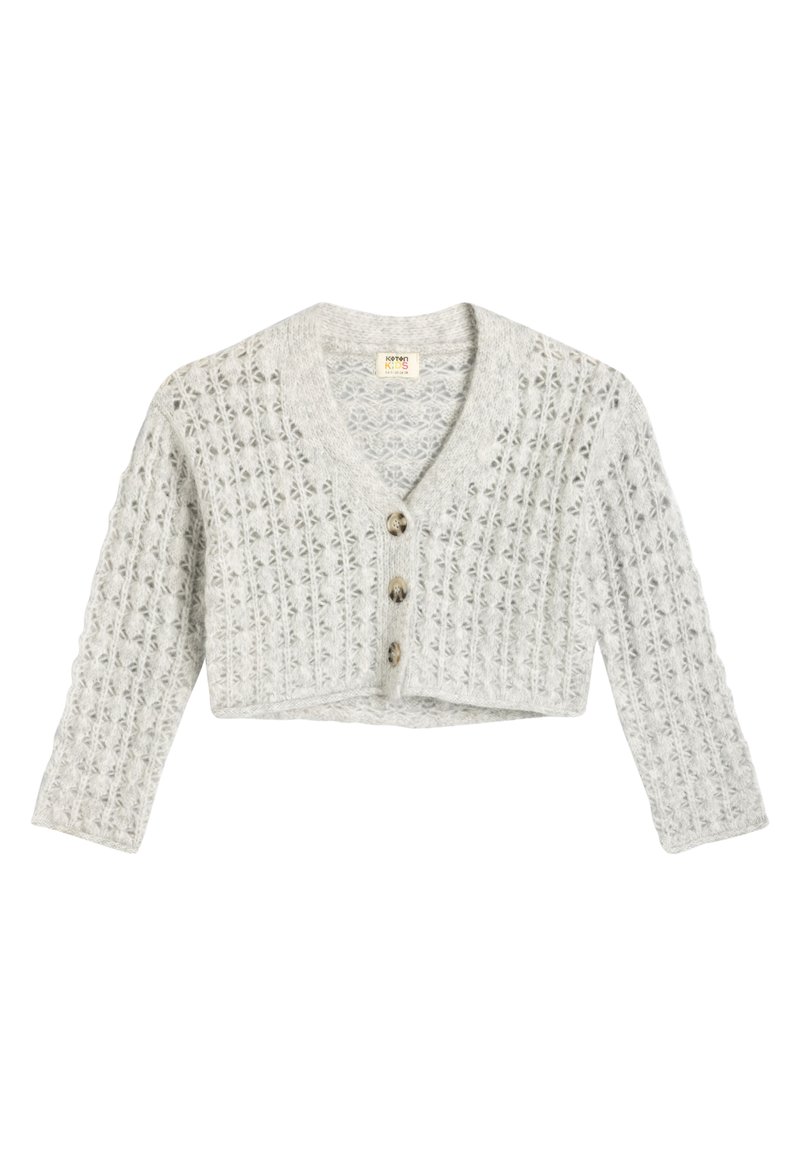 Cardigan cropped grigio chiaro con un motivo testurizzato, dotato di scollo a V, maniche lunghe e tre bottoni di legno sul davanti.