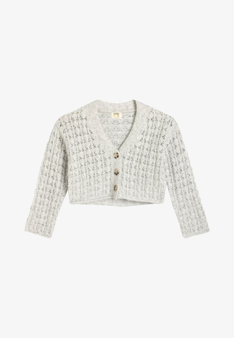 Ljusgrå kort cardigan med ett strukturerat mönster, med V-ringning, långa ärmar och tre träknappar fram.