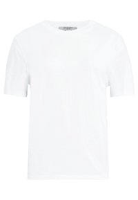 Bílá bavlněná tričko s krátkými rukávy, kulatým výstřihem a jednoduchým designem. Bez vzorů nebo akcentů. Hladká textura a standardní střih.