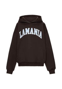 Hanorac negru cu glugă spațioasă, manșete și tiv striate. "LAMANIA" imprimat cu albastru deschis, arcuit pe piept. Textură moale a țesăturii.