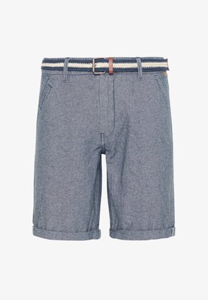 Shorts bleus casual longueur genou avec ourlets repliés et ceinture tressée en tissu bleu et blanc avec boucle métallique.