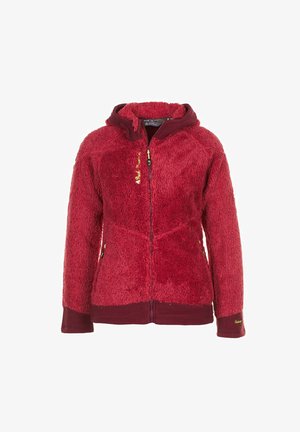 Haut à capuche en polaire rouge avec une surface texturée et fluffy ; comporte une fermeture éclair intégrale, des poches avant et un contour bordeaux contrastant sur la capuche et les manchettes.