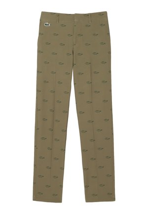 Khaki trousers featuring an all-over green crocodile pattern, straight-leg design, with a smooth texture and classic waistband.