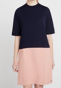 Šaty barvy námořnické modři a jemně růžové, dělené barevně, s krátkými rukávy, kulatým výstřihem a délkou ke středu stehna. Měkká, strukturovaná látka.