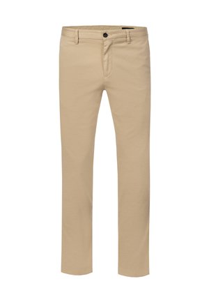 Beige Slim-Fit Chino-Hose mit Gürtelschlaufen, vorderem Knopf und Reißverschluss, vor weißem Hintergrund gezeigt.