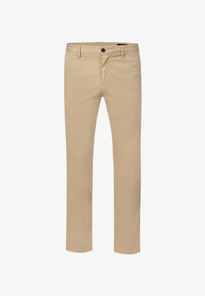 Slim-fit beige chino pants with belt loops, front button, and zip closure, shown against a white background.