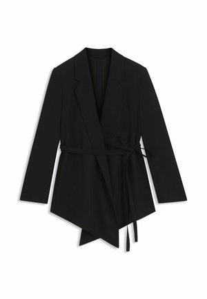 Black wrap blazer featuring a tailored design, sharp lapels, long sleeves, and a tie belt at the waist; smooth, matte texture.