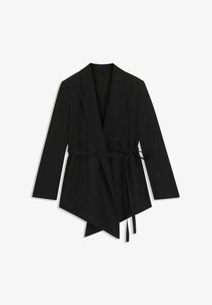 Black wrap blazer featuring a tailored design, sharp lapels, long sleeves, and a tie belt at the waist; smooth, matte texture.