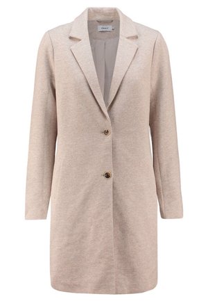 Beige lang kvinde frakke i uldblanding med slå-om krave og to forreste knapper, vist forfra mod hvid baggrund.