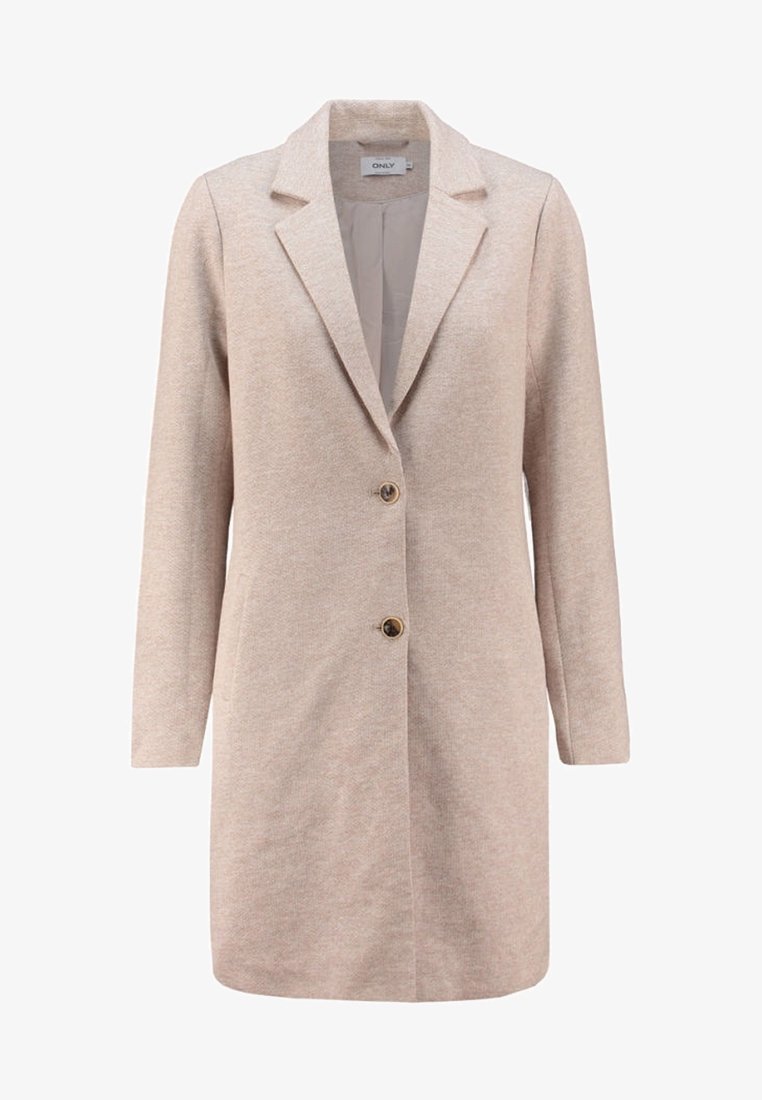 Manteau long beige pour femme en mélange de laine avec col à revers et deux boutons devant, présenté de face sur fond blanc.