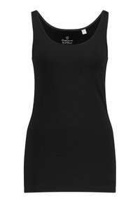 Camiseta sin mangas de algodón orgánico negro con escote redondeado y diseño ajustado. Textura suave, sin patrones ni adornos.