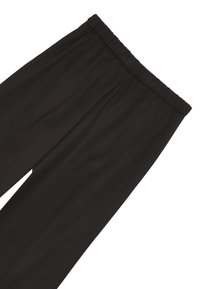 Pantaloni neri con vita elasticizzata, realizzati in tessuto liscio e leggero. Design a gamba dritta, con texture minima, senza motivi visibili o parti metalliche.