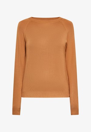 Pull tricoté camel brun à manches longues avec encolure ronde, poignets et ourlet côtelés, présenté sur fond blanc.