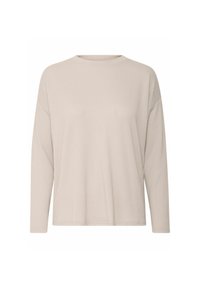 Light beige long-sleeve top in ribbed texture, round neckline, relaxed fit, and straight hem with minimalistic design.