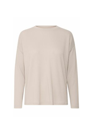Ljusbeige långärmad topp i ribbat material, rund halsringning, avslappnad passform och rak nederkant med minimalistisk design.